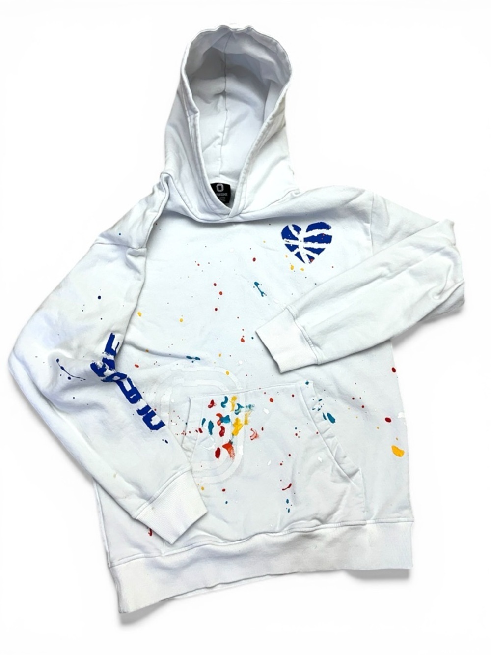 Overtime White Hoodie with Blue Heart Graphic and Multicolor Paint Splatter